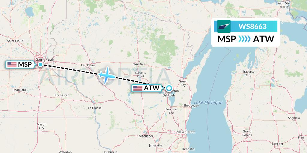 WS8663 WestJet Flight Map: Minneapolis to Appleton