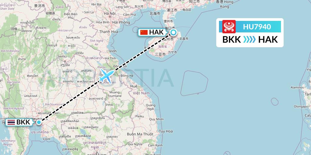 HU7940 Hainan Airlines Flight Map: Bangkok to Haikou