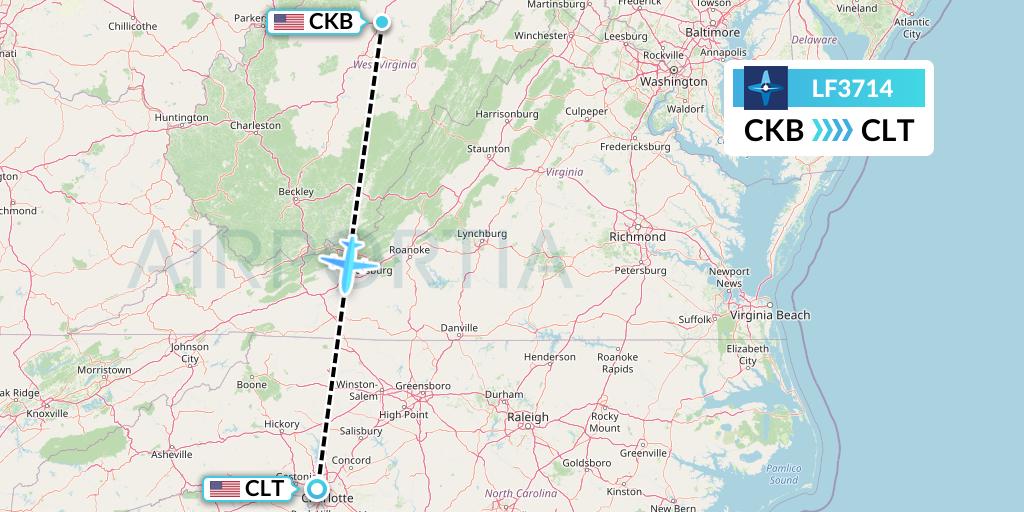 LF3714 Corporate Flight Management Flight Map: Clarksburg to Charlotte