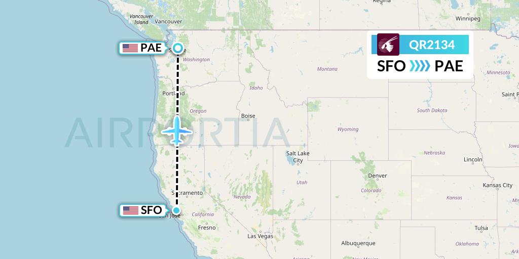 QR2134 Qatar Airways Flight Map: San Francisco to Everett