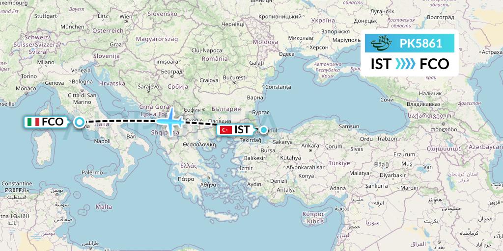 PK5861 Pakistan International Airlines Flight Map: Istanbul to Rome
