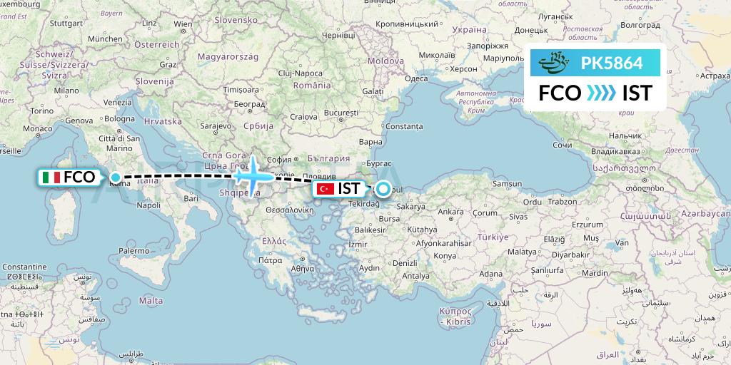 PK5864 Pakistan International Airlines Flight Map: Rome to Istanbul