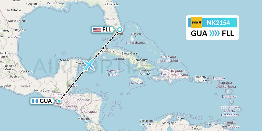NK2154 Spirit Airlines Flight Map: Guatemala City to Fort Lauderdale