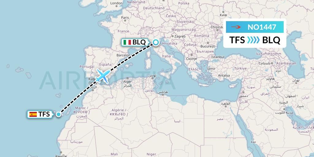 NO1447 Neos Flight Map: Tenerife to Bologna