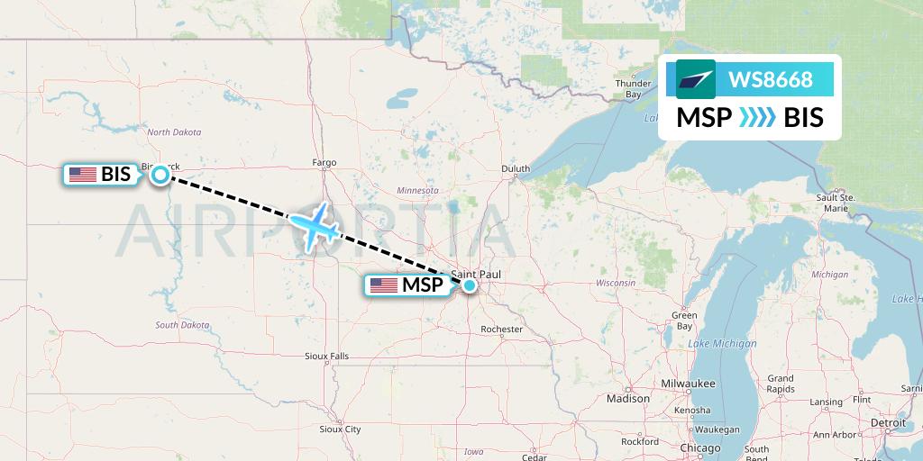 WS8668 WestJet Flight Map: Minneapolis to Bismarck