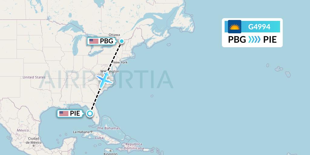 G4994 Allegiant Air Flight Map: Plattsburgh to St. Petersburg