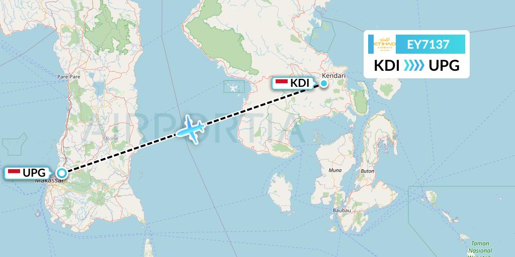 EY7137 Etihad Airways Flight Map: Kendari to Makassar