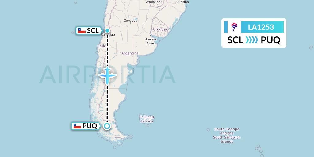LA1253 LAN Airlines Flight Map: Santiago to Punta Arenas