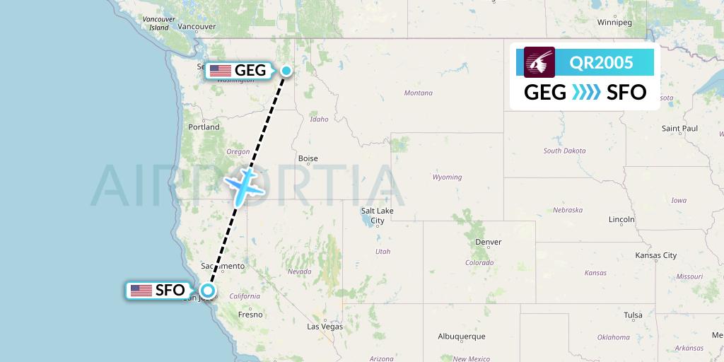 QR2005 Qatar Airways Flight Map: Spokane to San Francisco