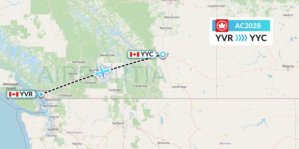 AC2028 Air Canada Flight Map: Vancouver to Calgary