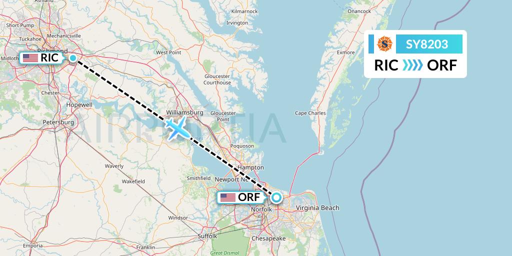 SY8203 Sun Country Airlines Flight Map: Richmond to Norfolk