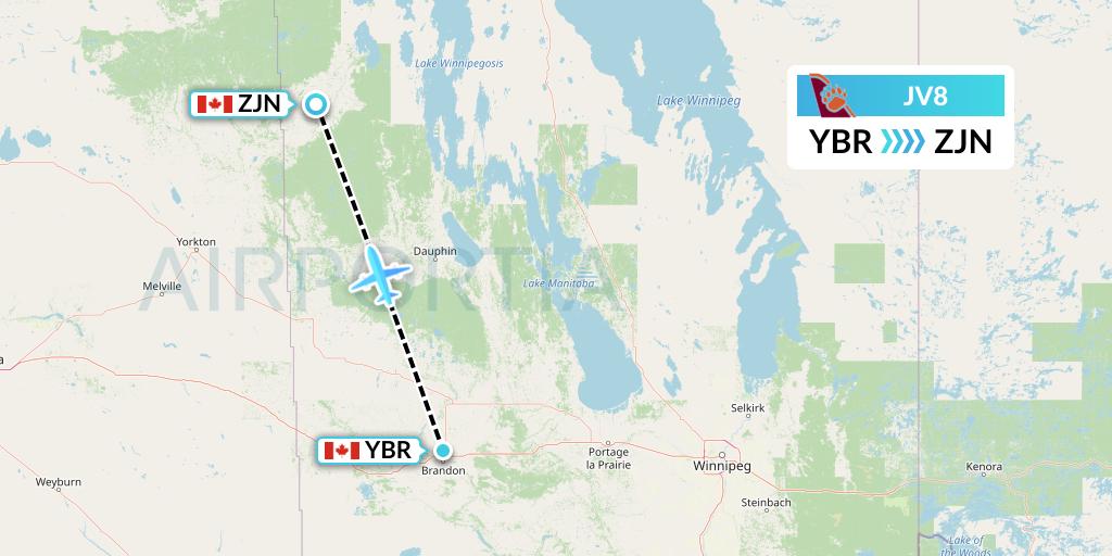 JV8 Bearskin Airlines Flight Map: Brandon to Swan River