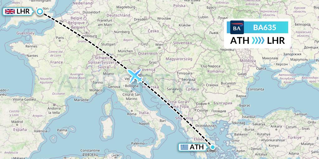 BA635 British Airways Flight Map: Athens to London