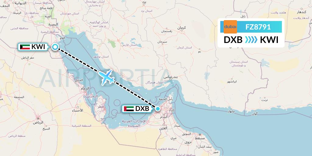 FZ8791 FlyDubai Flight Map: Dubai to Kuwait City