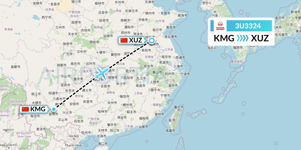 3U3324 Sichuan Airlines Flight Map: Kunming to Xuzhou