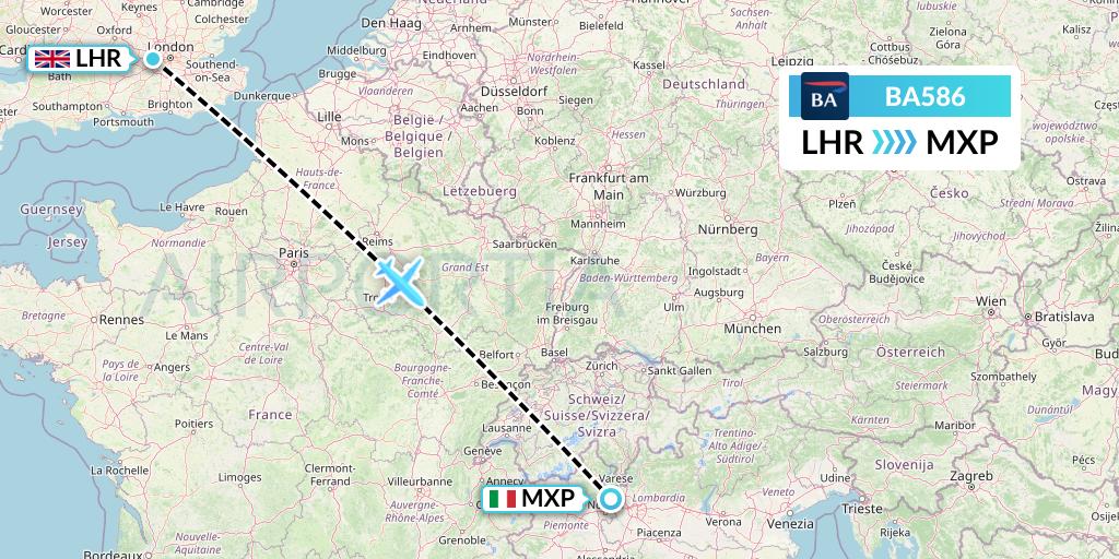 BA586 British Airways Flight Map: London to Milan