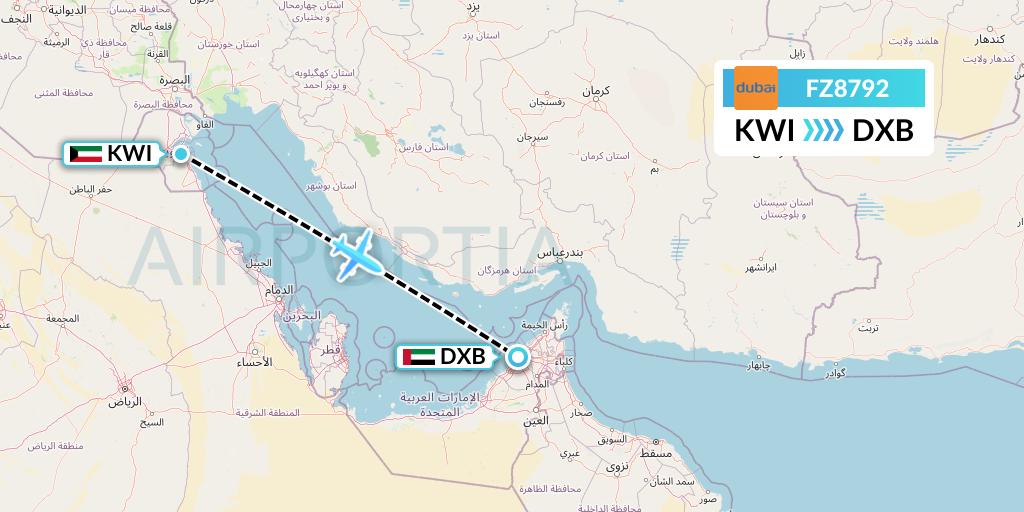 FZ8792 FlyDubai Flight Map: Kuwait City to Dubai
