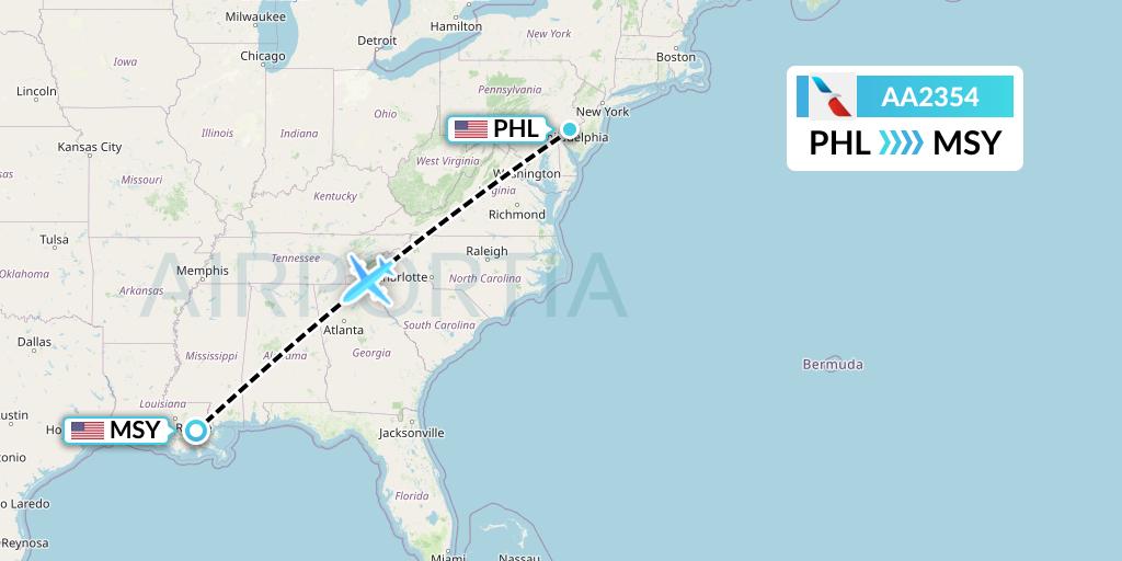 AA2354 American Airlines Flight Map: Philadelphia to New Orleans