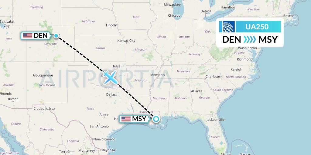 UA250 United Airlines Flight Map: Denver to New Orleans