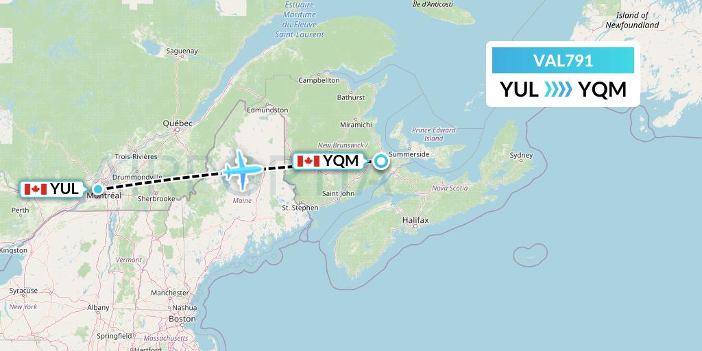 VAL791 Voyageur Airlines Flight Map: Montreal to Moncton
