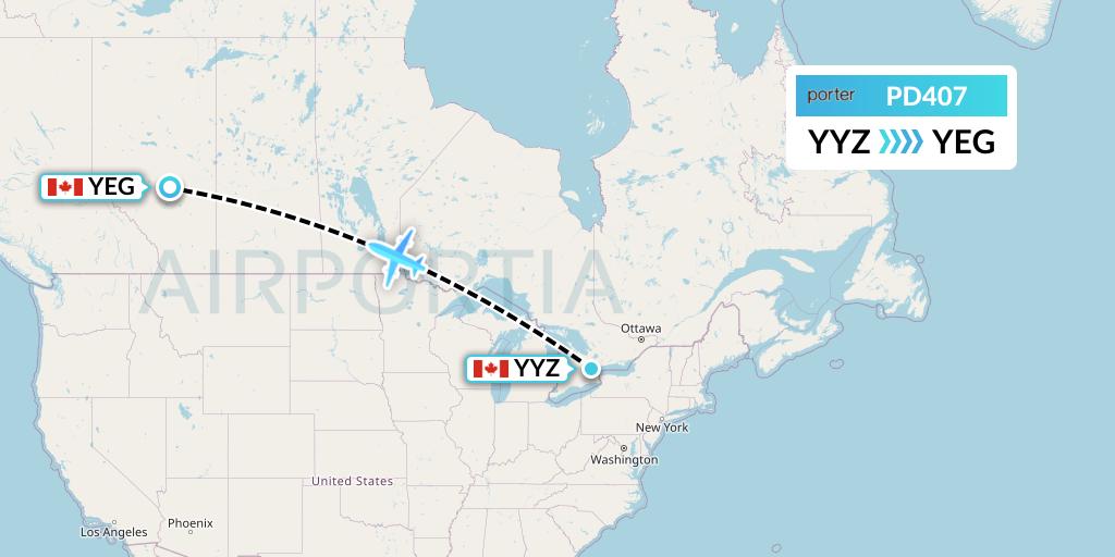PD407 Porter Airlines Flight Map: Toronto to Edmonton