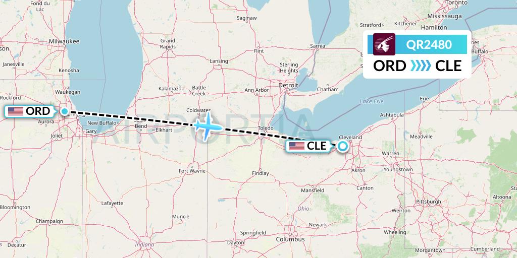 QR2480 Qatar Airways Flight Map: Chicago to Cleveland
