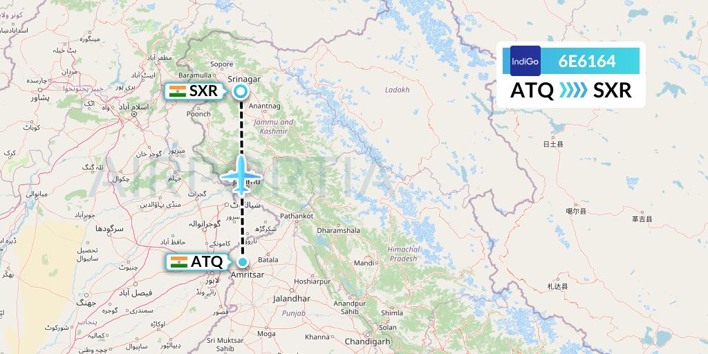 6E6164 IndiGo Airlines Flight Map: Amritsar to Srinagar