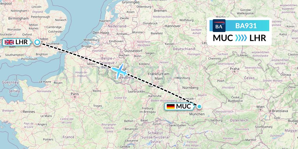BA931 British Airways Flight Map: Munich to London