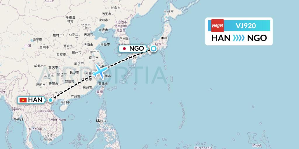 VJ920 VietJet Air Flight Map: Hanoi to Nagoya