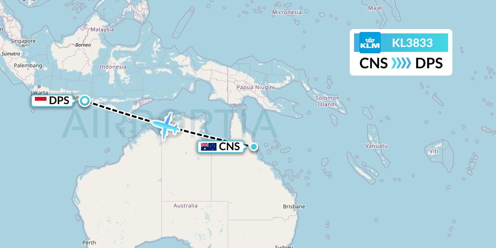 KL3833 KLM Flight Map: Cairns to Denpasar