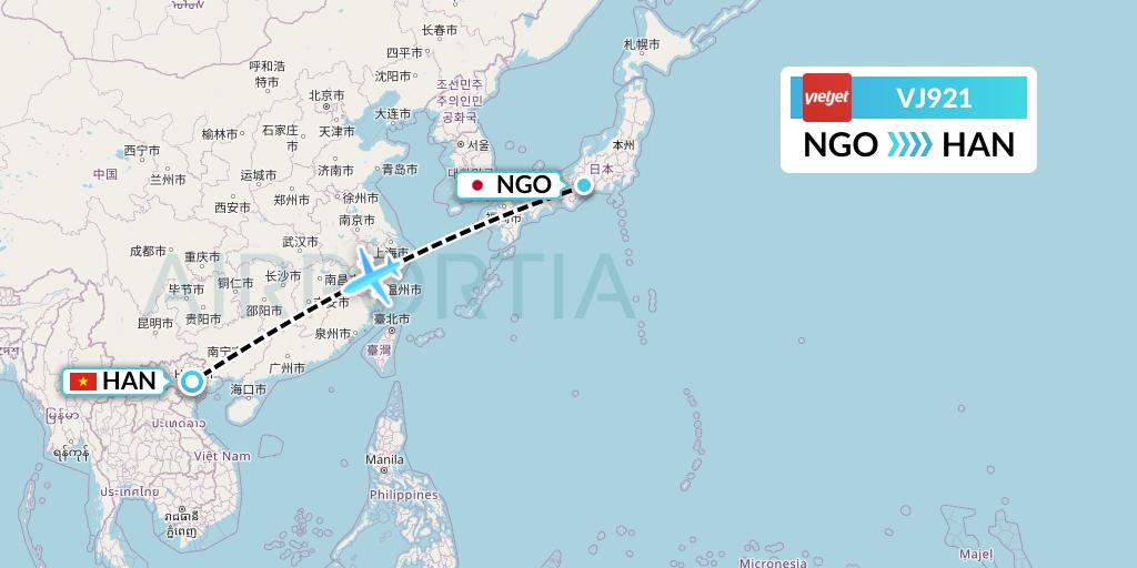 VJ921 VietJet Air Flight Map: Nagoya to Hanoi