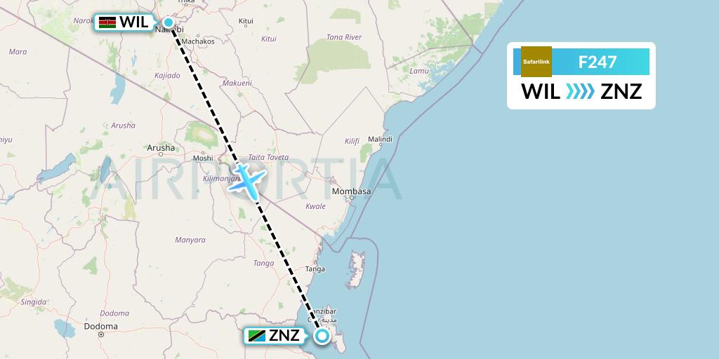 F247 Safarilink Aviation Flight Map: Nairobi to Zanzibar