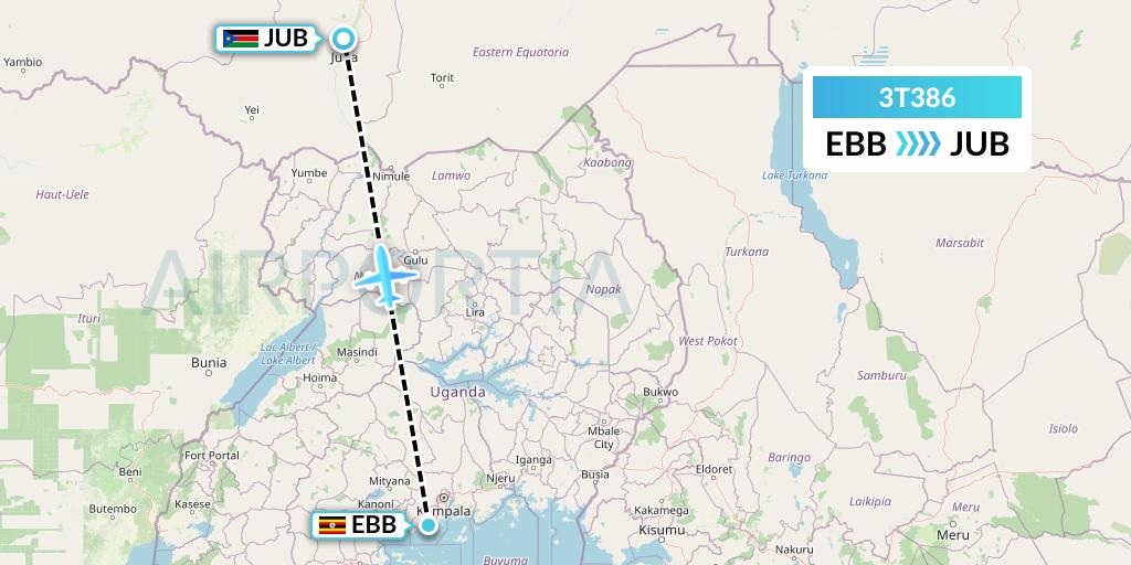 3T386 Tarco Airlines Flight Map: Entebbe to Juba