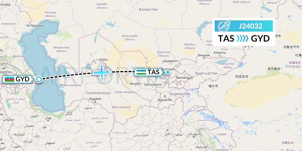 J24032 Azerbaijan Airlines Flight Map: Tashkent to Baku