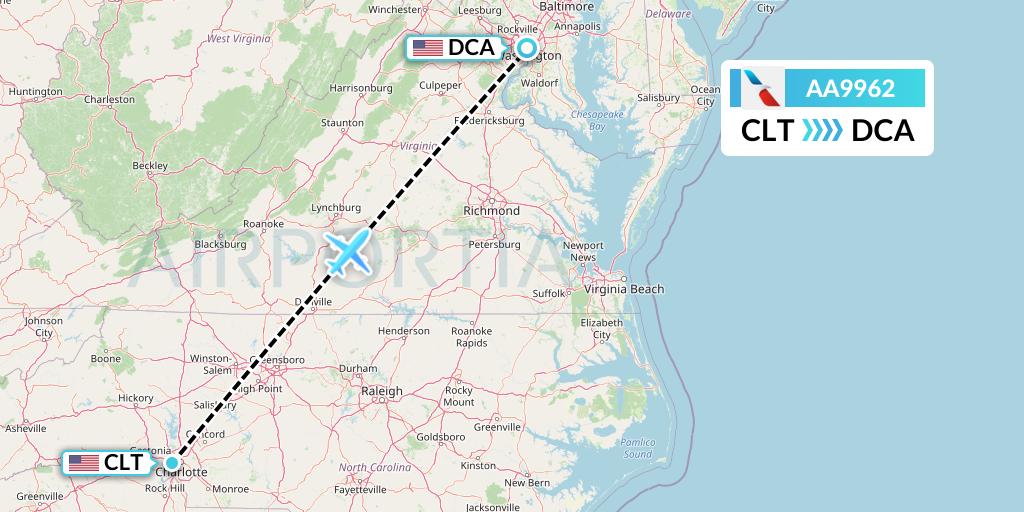 AA9962 American Airlines Flight Map: Charlotte to Washington