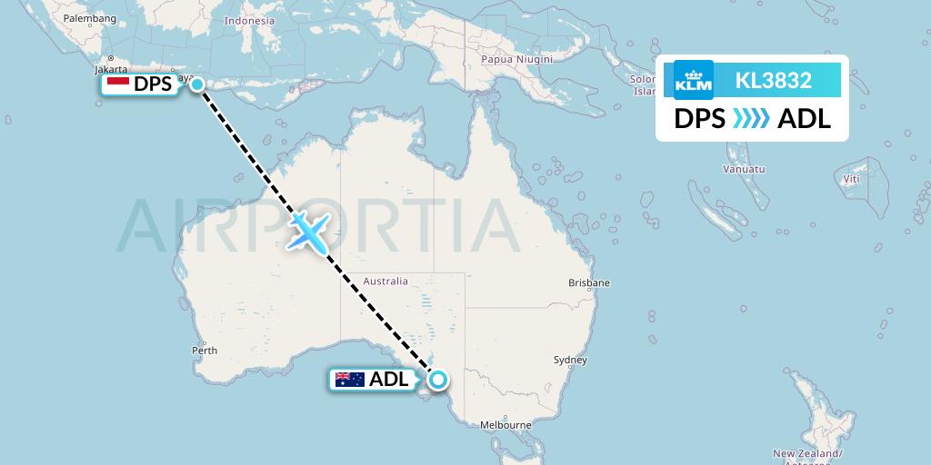 KL3832 KLM Flight Map: Denpasar to Adelaide