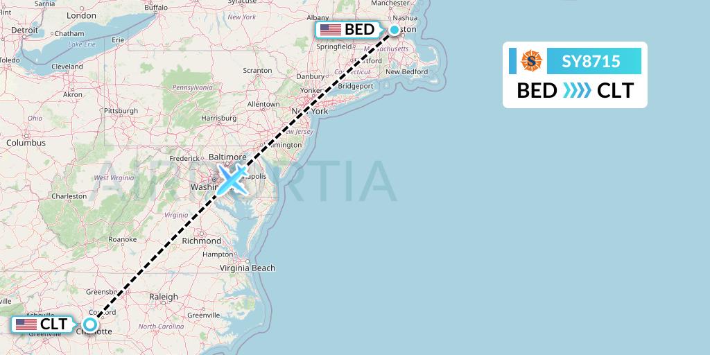 SY8715 Sun Country Airlines Flight Map: Bedford to Charlotte