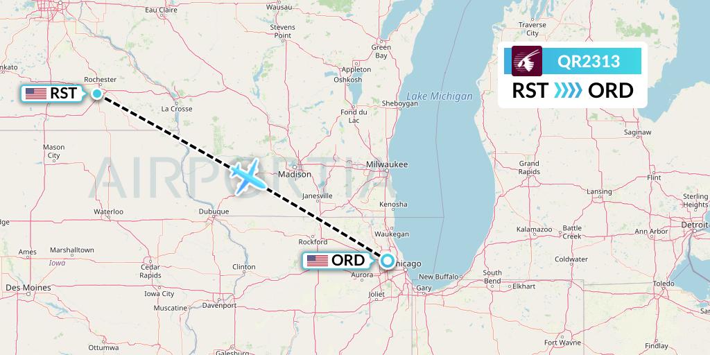 QR2313 Qatar Airways Flight Map: Rochester to Chicago