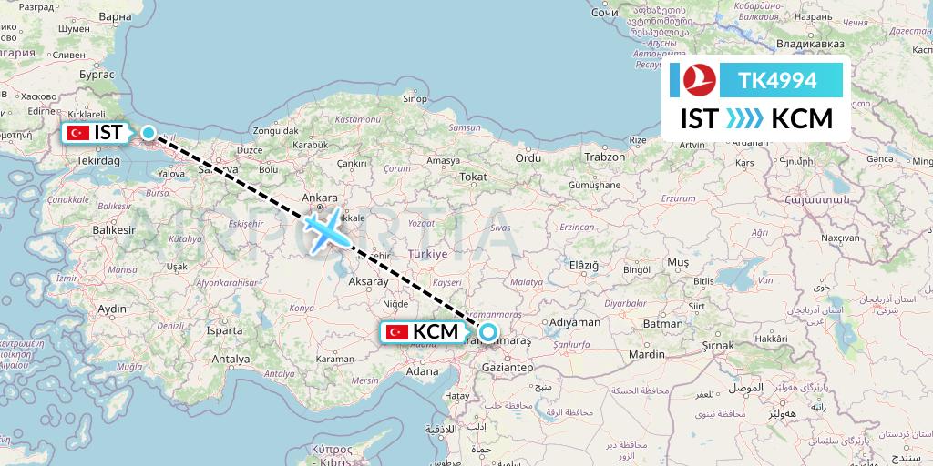 TK4994 Turkish Airlines Flight Map: Istanbul to Kahramanmaras