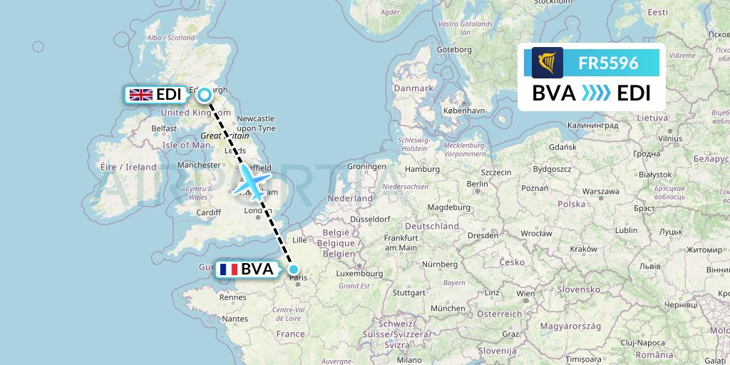 FR5596 Ryanair Flight Map: Paris to Edinburgh