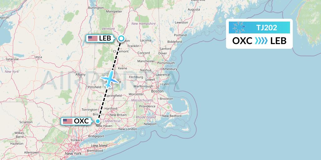 TJ202 Tradewind Aviation Flight Map: Oxford to Lebanon