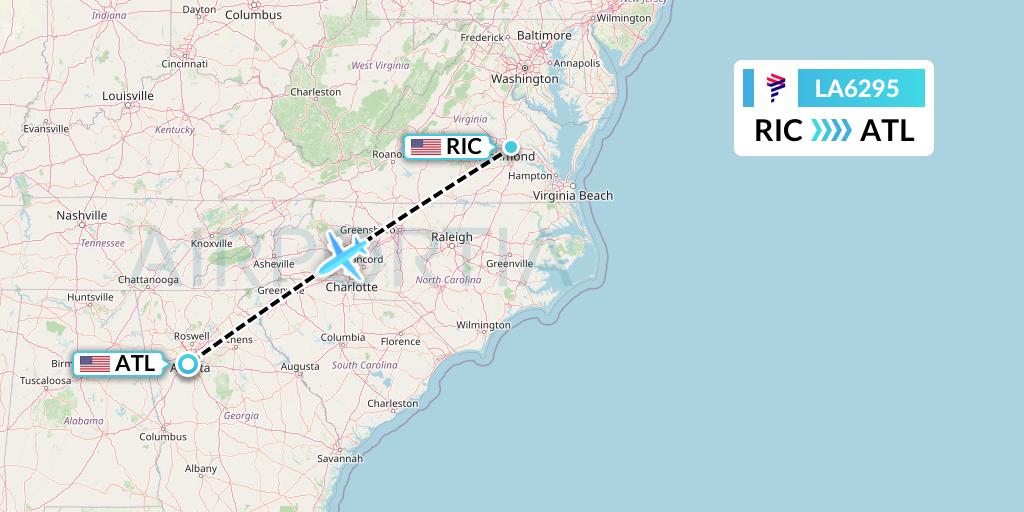 LA6295 LAN Airlines Flight Map: Richmond to Atlanta