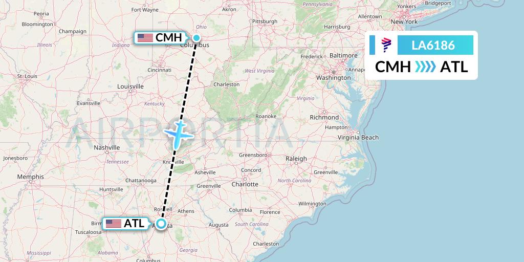 LA6186 LAN Airlines Flight Map: Columbus to Atlanta
