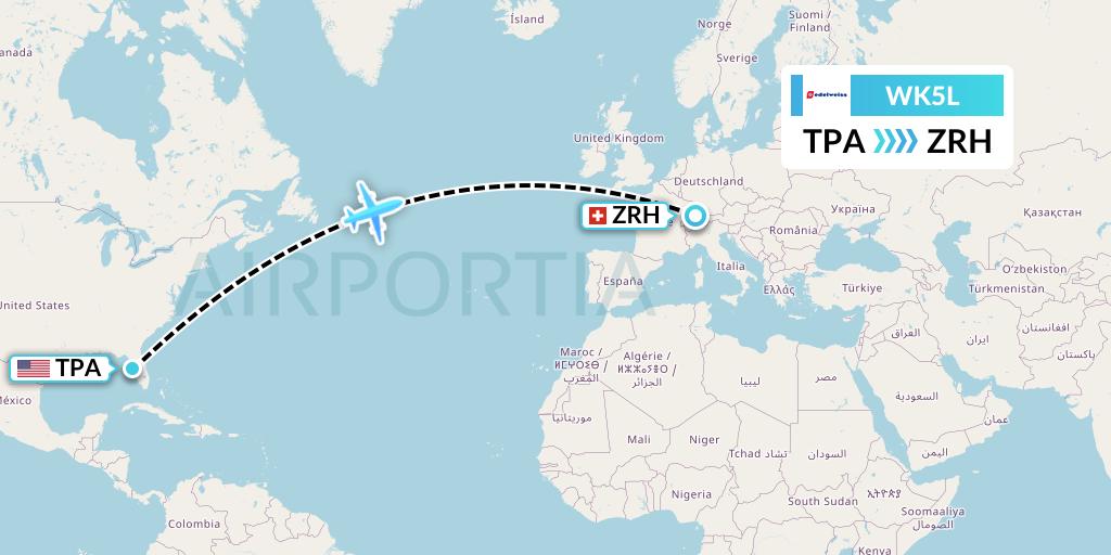 WK5L Edelweiss Air Flight Map: Tampa to Zurich