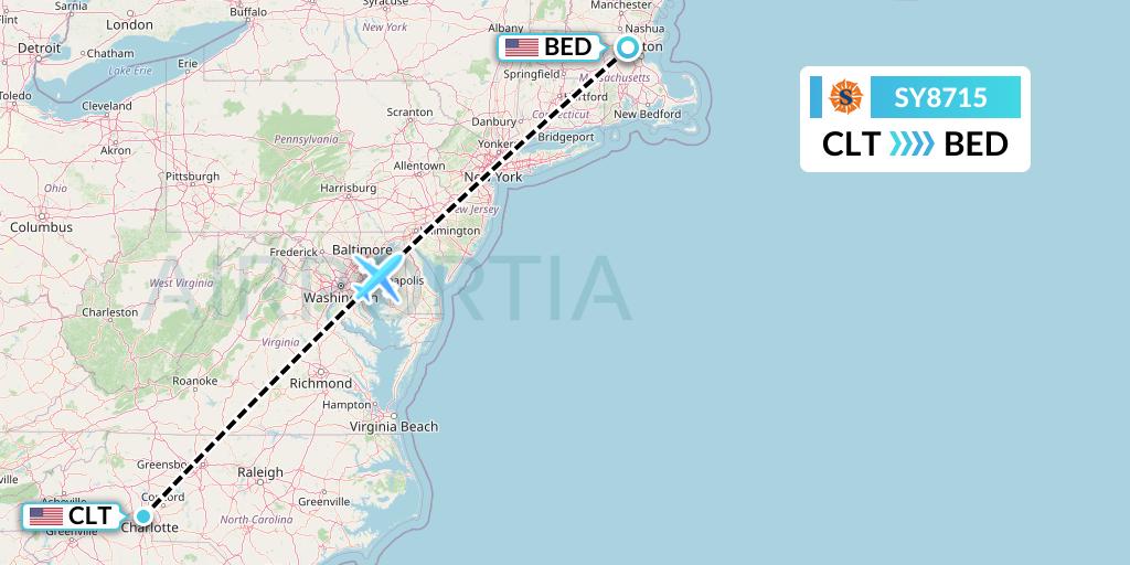 SY8715 Sun Country Airlines Flight Map: Charlotte to Bedford