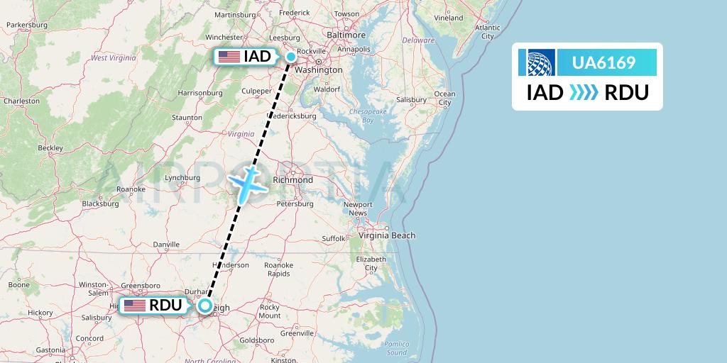 UA6169 United Airlines Flight Map: Washington to Raleigh-Durham