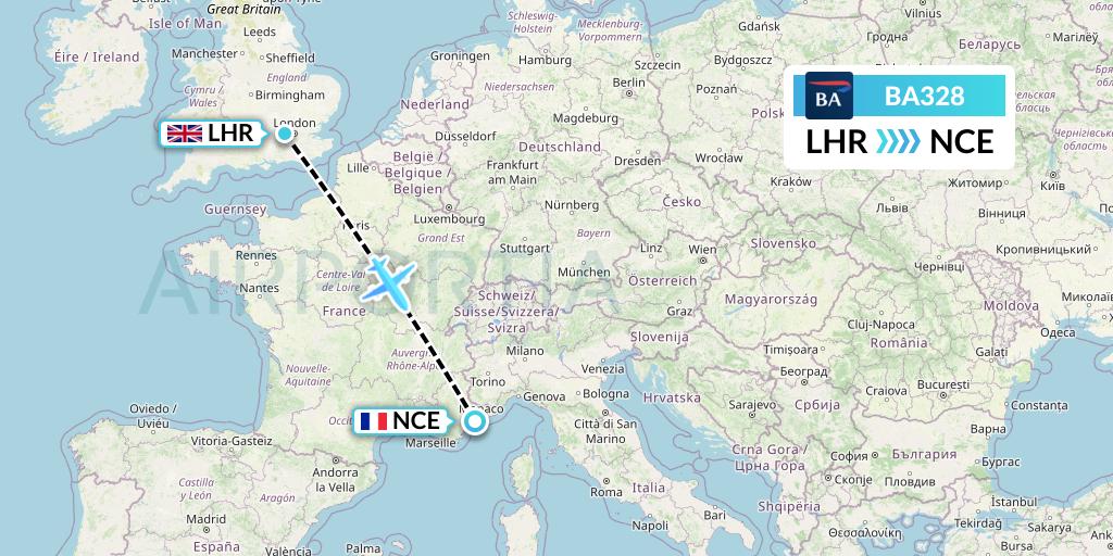 BA328 British Airways Flight Map: London to Nice