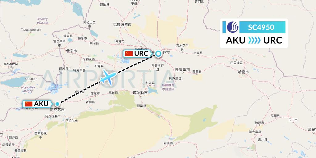 SC4950 Shandong Airlines Flight Map: Aksu to Urumqi
