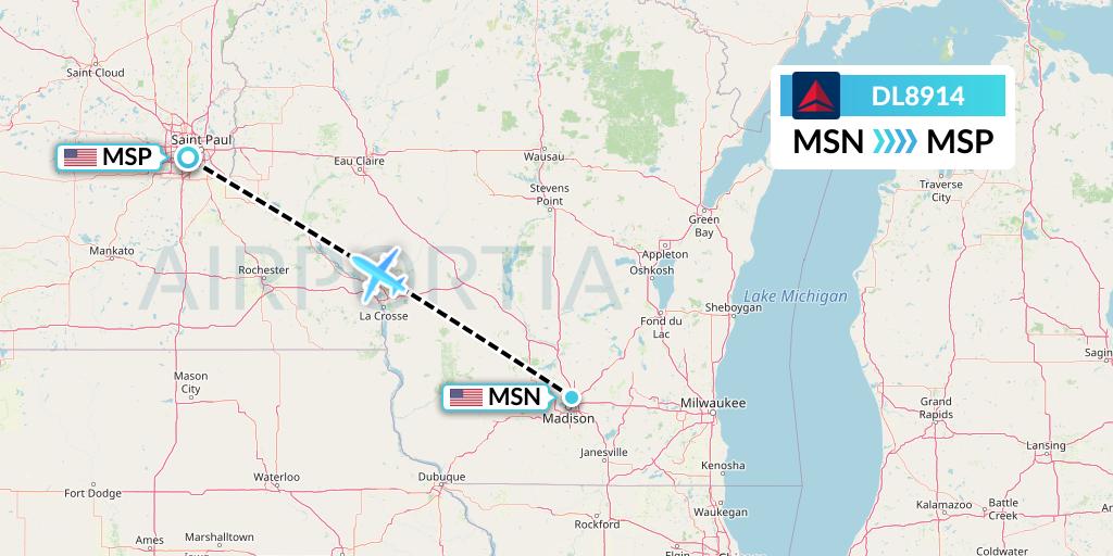 DL8914 Delta Air Lines Flight Map: Madison to Minneapolis