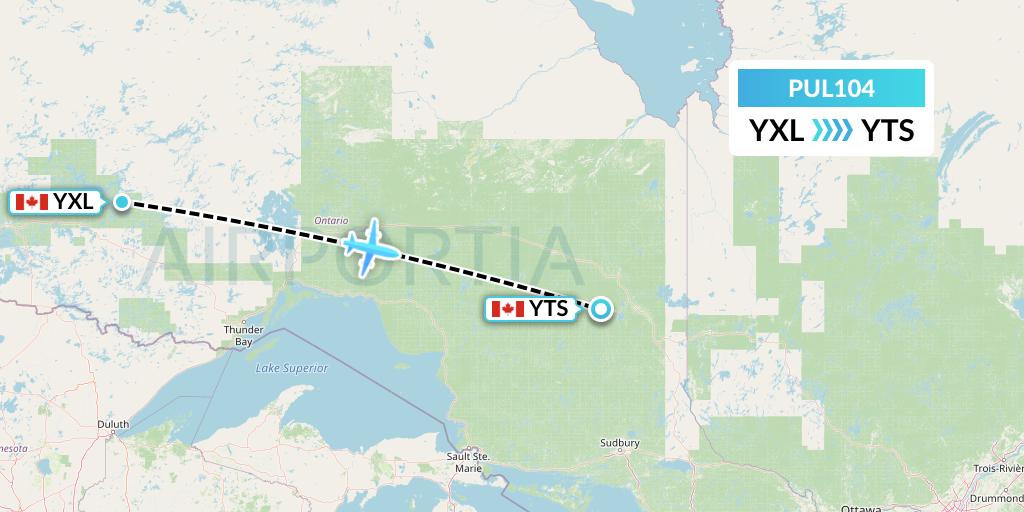 PUL104 Ornge Air Flight Map: Sioux Lookout to Timmins